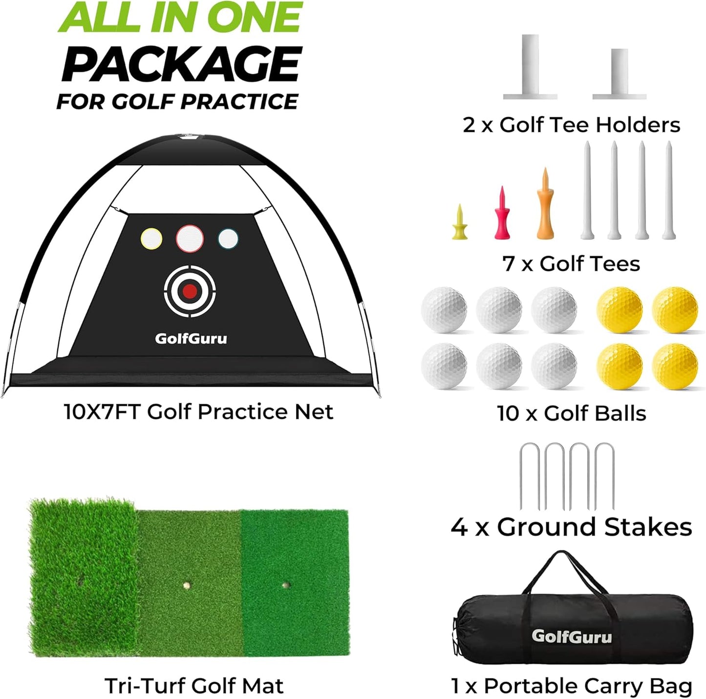 Golf Net, 10X7Ft All in 1 Golf Practice Net with XL Tri-Turf Golf Mat, Impact Target, 10 Golf Balls, 7 Golf Tees, 2 Rubber Golf Tees, Carry Bag, Golf Net for Backyard Driving Chipping Indoor