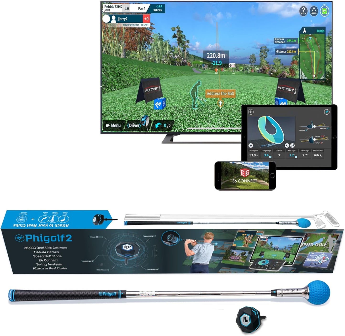 Transform Your Golf Game with the 2 Home Golf Game Simulator - Interactive Fun with Motion Sensor & Swing Stick for Any Space - Explore 38,000+ Courses on Android, iOS & E6 Connect!