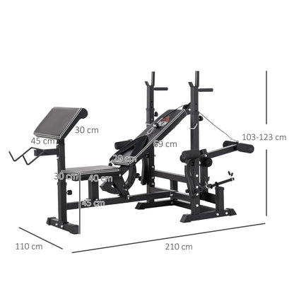 Weight Bench, 6 in 1 Adjustable Bench Press W/ Leg Extension, Barbell Rack