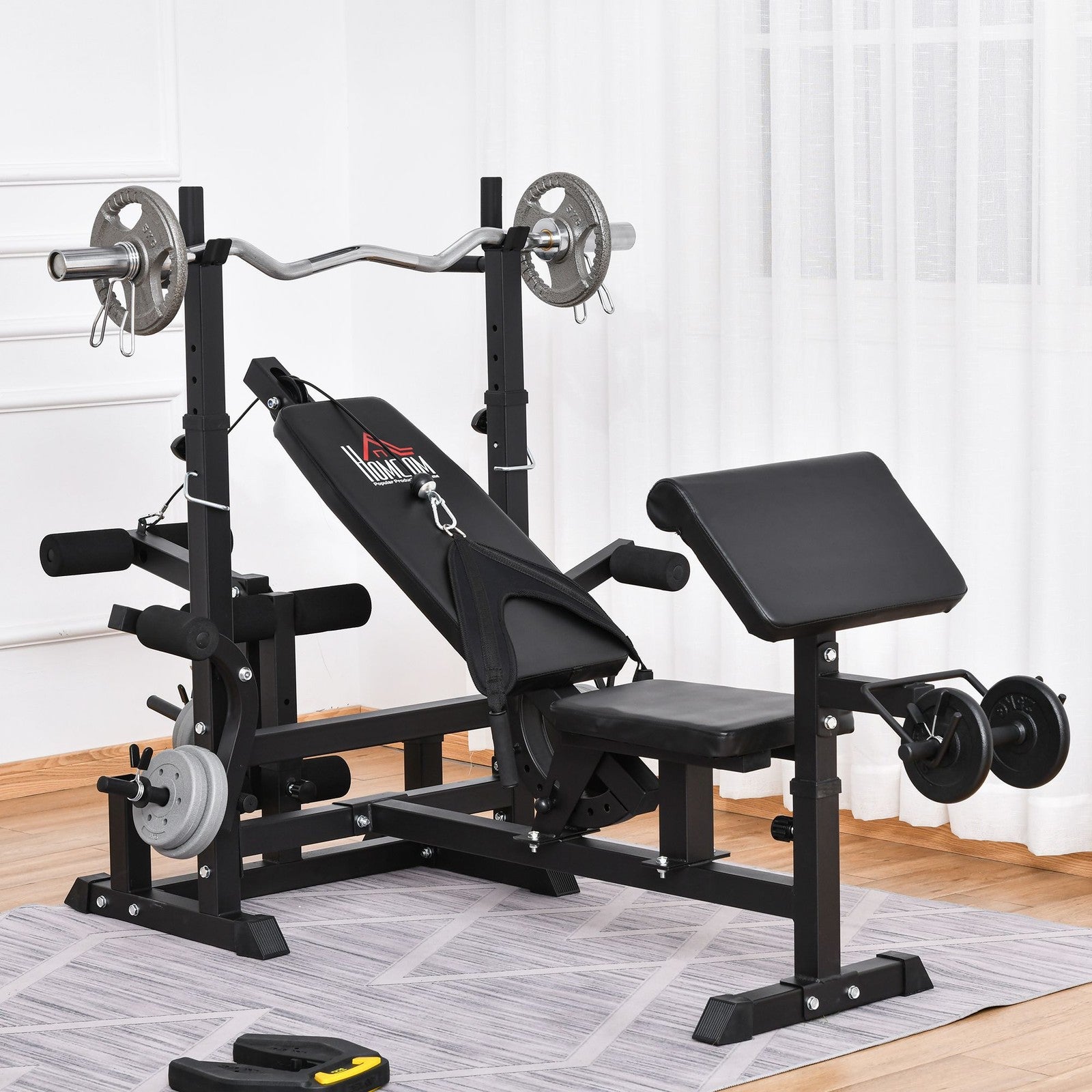 Weight Bench, 6 in 1 Adjustable Bench Press W/ Leg Extension, Barbell Rack