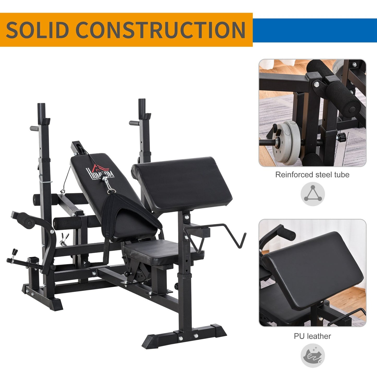 Weight Bench, 6 in 1 Adjustable Bench Press W/ Leg Extension, Barbell Rack