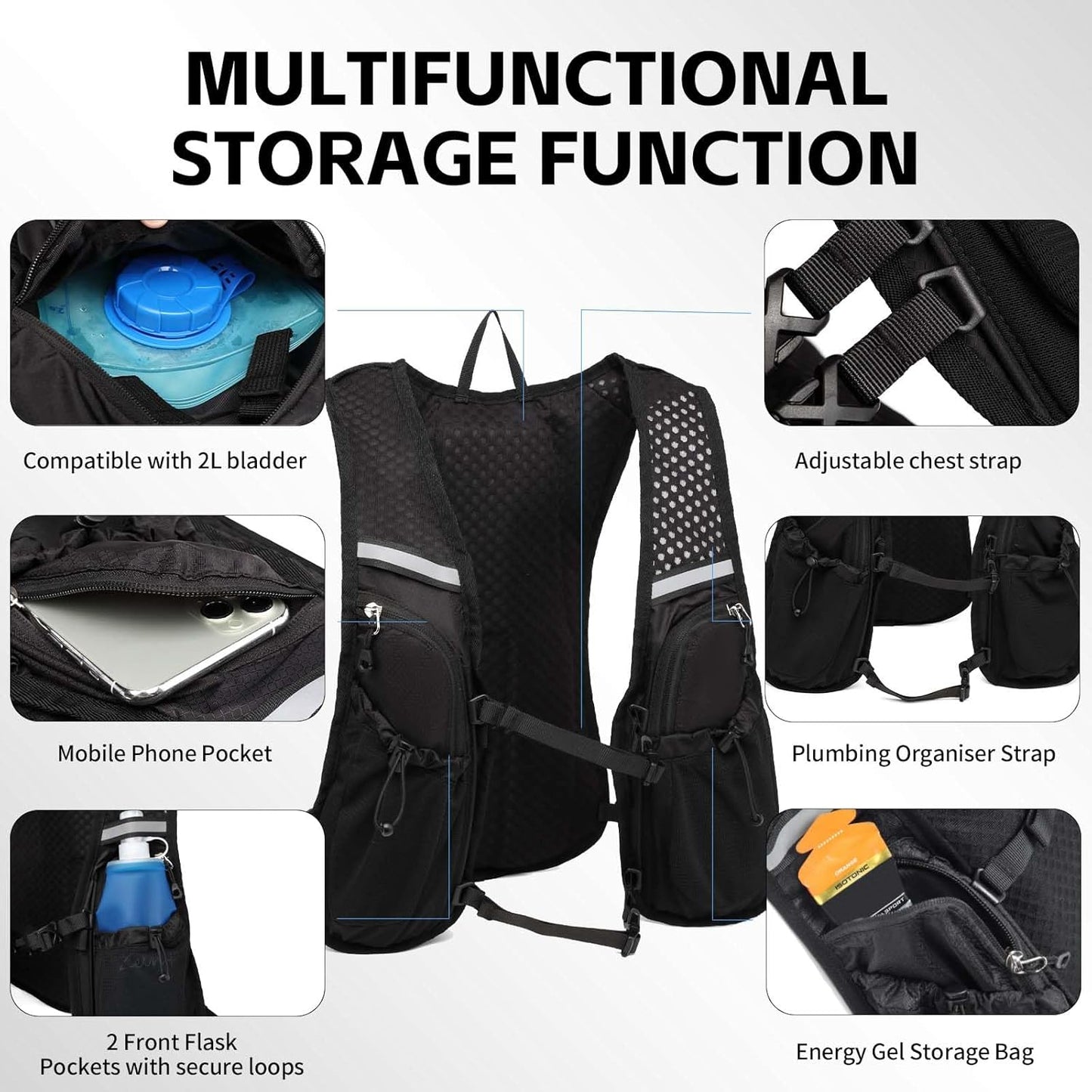 Hydration Backpack with 2L Bladder, Lightweight Running Vest for Cycling, Biking - Men and Women