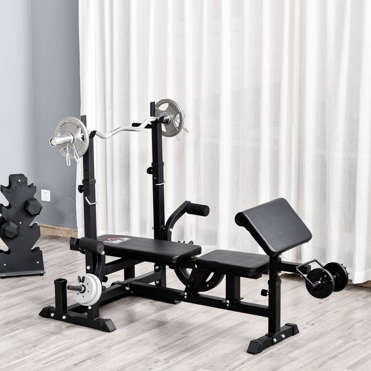 Weight Bench, 6 in 1 Adjustable Bench Press W/ Leg Extension, Barbell Rack