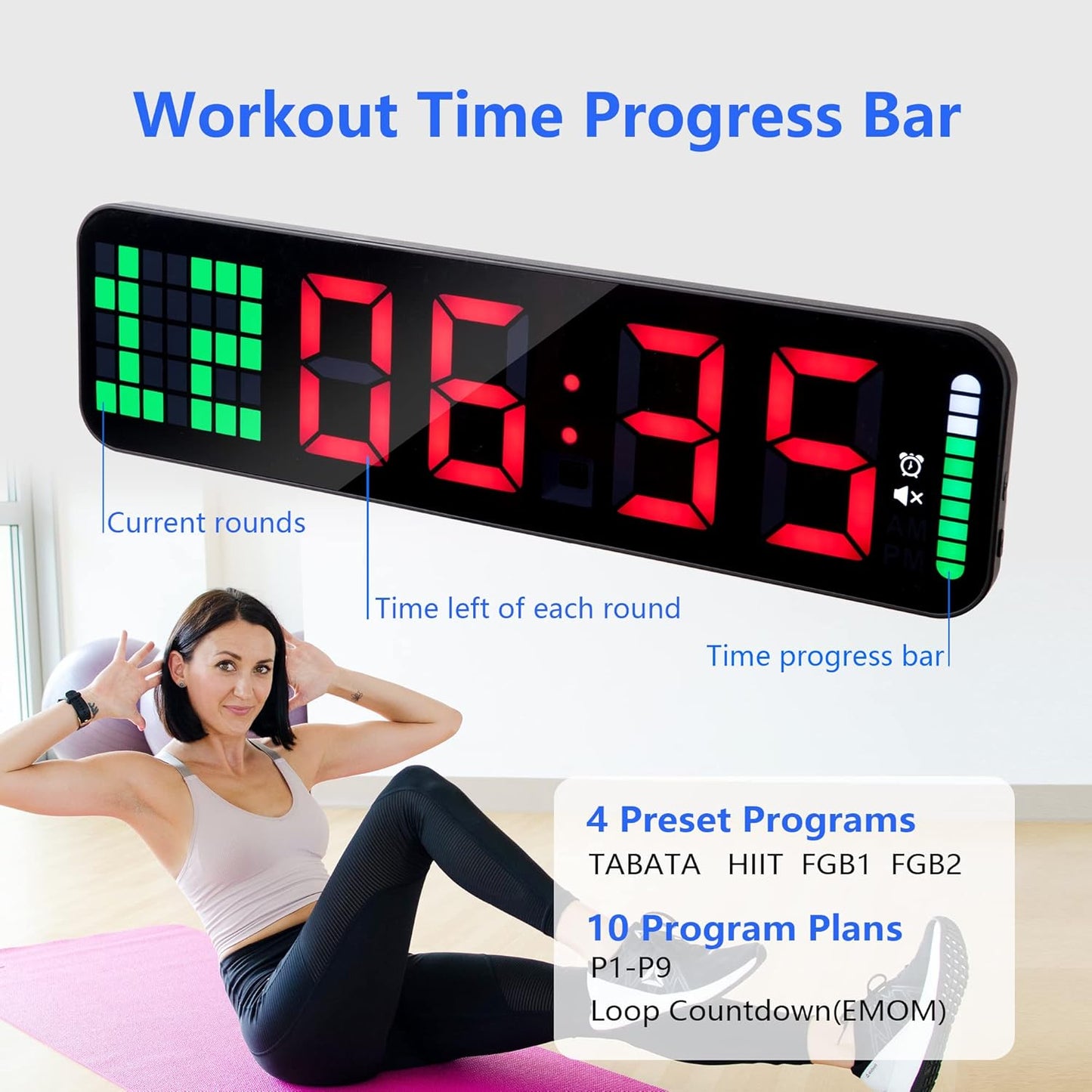 Gym Timer - Large Digital Gym Clock Wall with Interval Time Progress Bar, Countdown/Up Stopwatch, Remote Control for Home Gym Garage Boxing Crossfit