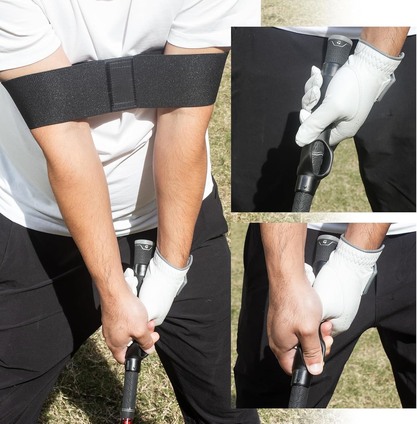 Grip Trainer Attachment & Swing Correcting Arm Band - Ultimate Black Golf Training Combo for Perfect Hand Positioning and Improved Swing Mechanics