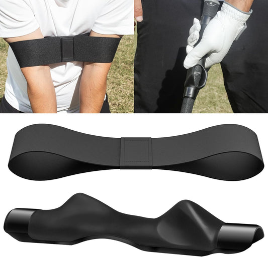 Grip Trainer Attachment & Swing Correcting Arm Band - Ultimate Black Golf Training Combo for Perfect Hand Positioning and Improved Swing Mechanics