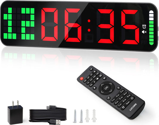 Gym Timer - Large Digital Gym Clock Wall with Interval Time Progress Bar, Countdown/Up Stopwatch, Remote Control for Home Gym Garage Boxing Crossfit